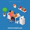 Colored 3d isometric office workplace vector concept illustration. Work table composition plus collection of isometric