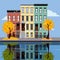 Colored apartment buildings on lake. Facades of buildings are reflected in mirror surface of water. Flat cartoon vector