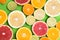 Colored background of different citrus round lobules