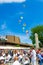 Colored balloons with Bulgarian letters in blue sky