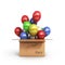 Colored balls in a cardboard box for deliveries on whit
