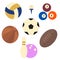 Colored balls for various sporting events. Vector flat illustration. A set of various projectiles for sports games