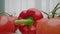 Colored bell pepper slices stand on wooden cutting board