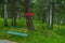 A colored bench and a red pointer on a tree trunk