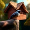 Colored bird near a bird house on a tree trunk in a sunny day