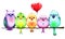 Colored birds sitting on branch with red heart balloon