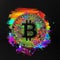 Colored Bitcoin logo with colorful abstract splatters on white backgroundabstract elements on dark background