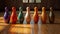 Colored bowling pins in a row on wooden floor