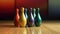Colored bowling pins on wooden floor