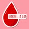 Colored bright sticker with blood drop and lettering Hemophilia day Blood donation concept. Shadow and stroke