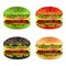 Colored burgers. Fast food black cheeseburger bread of different colors and ingredients meal beef tomato fries delicious