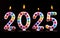 Colored candles write numbers flame Happy new year 2025