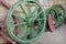 Colored cart wheels - Orthodox Monastery of the Transfiguration of God - Landmark attraction in Veliko Tarnovo, Bulgaria