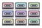 Colored cassettes isolated background, music and art banner