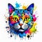 Colored cat muzzle in eyeglasses with paint splash on white background.