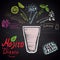 Colored chalk drawn illustration of mojito diablo with ingredients. Alcohol cocktails theme.