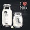 Colored chalk painted illustration milk bottle. The phrase chalk: I love milk.