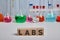 Colored Chemical Flasks and LABS word on Wood Cubes