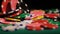 Colored chips falling on the green poker table. Successful player winning game