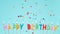 Colored confetti falling with happy birthday inscription on pastel blue background