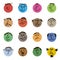 Colored doodle heads. Round comic Faces with various Emotions. Different colorful characters. Cartoon style people. Flat