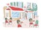 Colored drawing of summer sidewalk cafe, coffeehouse or restaurant with tables and chairs standing on city street beside