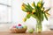 Colored easter eggs in basket and flowers at home