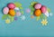 Colored Easter eggs and blank space for text. Spring greeting card banner with traditional Easter symbols