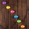 Colored easter eggs placed in line. holiday concept with copy space, top view