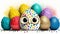 Colored Easter eggs on a white background. The image features a large white egg with big eyes, surrounded by colorful Easter eggs