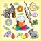 Colored Easter set with rabbit, chicken, Easter cake, flowers, willow and eggs