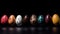 Colored eggs of different types of birds in a row, black background. AI generated.