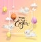 Colored eggs hanging on threads, cute little rabbits jumping around, square border and Happy Easter handwritten wish