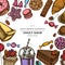 Colored elements design with cinnamon, macaron, lollipop, bar, candies, oranges, buns and bread, croissants and bread