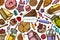 Colored elements design with cinnamon, macaron, lollipop, bar, candies, oranges, buns and bread, croissants and bread