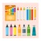 Colored engineering paints and pencils vector illustration simple equipment school supplies subject secretarial tools