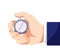 Colored flat icon, vector design with shadow. Businessman hand with stopwatch.