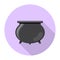 Colored flat round icon, vector design with shadow. Cartoon witches cauldron for illustration of magic, witchcraft, boiling