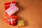 Colored gift boxes with decorative bows. Selective focus