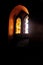 Colored glass, lights across stained window gothic