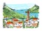 Colored hand drawn landscape with old Georgian town, mountains and harbor. Beautiful colorful freehand sketch with