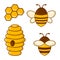 Colored honey set. Bees, honeycombs, beehive. Vector