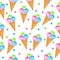 Colored ice cream seamless texture. Balls ice cream cone background. Baby, Kids wallpaper and textiles. Vector illustration