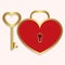 Colored icon key and lock heart shaped red with gold on a white