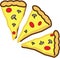 Colored icon of three pieces of pizza with tomatoes, cheese and mushrooms