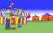 colored illustration of a surprised boy at a carnival fairground while a frightened boy looks at his guard\\\'s hand