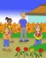 colored illustration of a woman harvesting flowers in front of two girls and an adult man