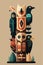 Colored Indian Wooden totem pole with tiki mask and eagle. Vector cartoon illustration