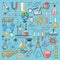 Colored items of science biology and chemical. Vector hand drawn illustrations
