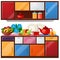 Colored kitchen cupboard, dishes and fresh fruit isolated on white background. Vector cartoon close-up illustration.